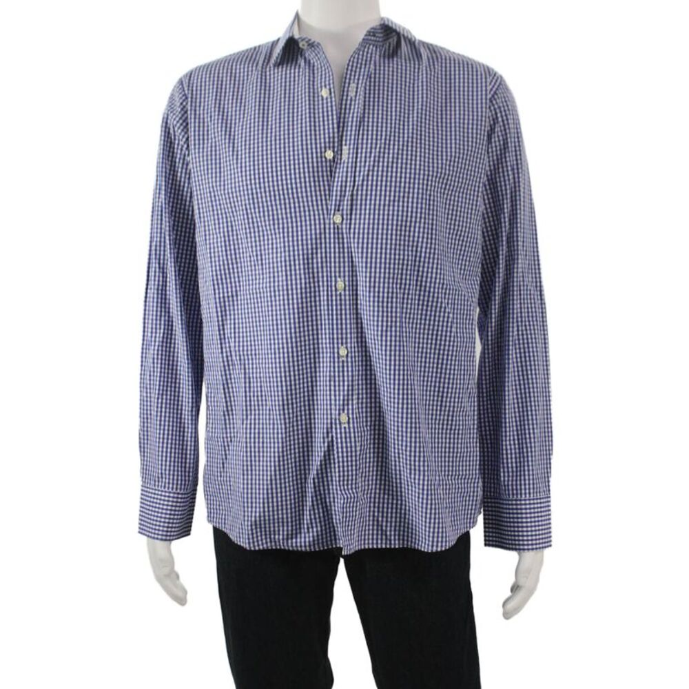 Peter Elliot Mens Button Front Long Sleeve Collared Gingham Shirt Blue White 20